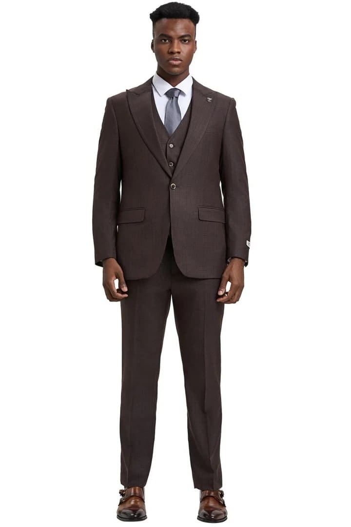 Plaid Suit - Windowpane Suit - Checkered Suit - Mens Vested Brown Suit