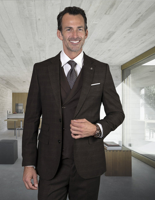 Men's brown plaid suit: two-button jacket with notch lapels & pockets, plus a double-breasted vest. Dark brown wool with subtle plaid, classic tailored fit.