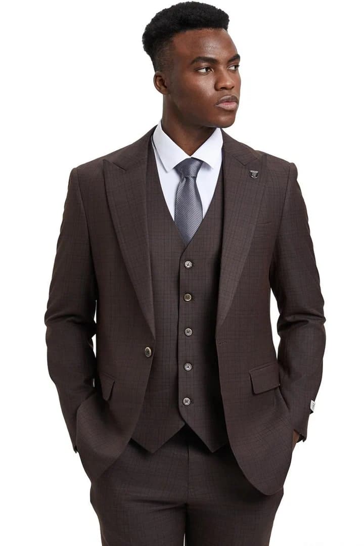 Plaid Suit - Windowpane Suit - Checkered Suit - Mens Vested Brown Suit