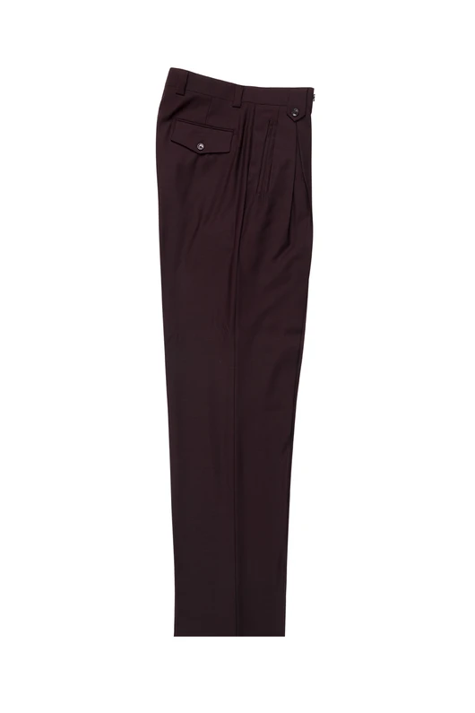 Tiglio Luxe burgundy wool wide-leg dress pants. Structured silhouette with front pleats and back pocket. Crafted from solid burgundy wool.