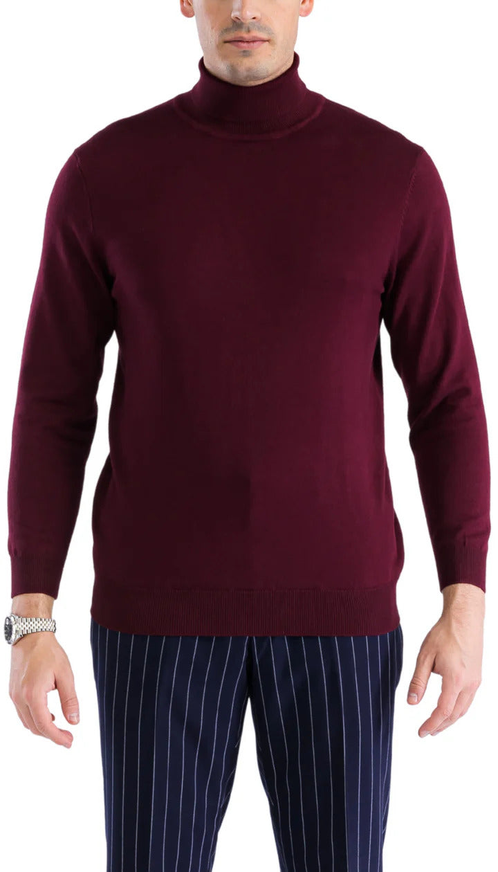 Men's burgundy turtleneck sweater. Soft, smooth fabric with a close-fitting turtleneck, long sleeves, and straight hem. Ribbed neckline and cuffs. Rich, deep burgundy color.