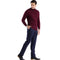 Men's burgundy turtleneck sweater. Fitted, long sleeves, high ribbed collar. Smooth, fine-knit with subtle sheen. Solid color, clean silhouette, contours the body.