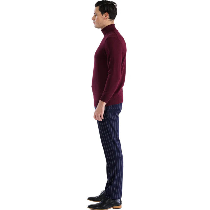 Men's burgundy turtleneck sweater. Fitted shape, high collar, long sleeves. Knit material, ribbed hem and cuffs. Deep burgundy color.