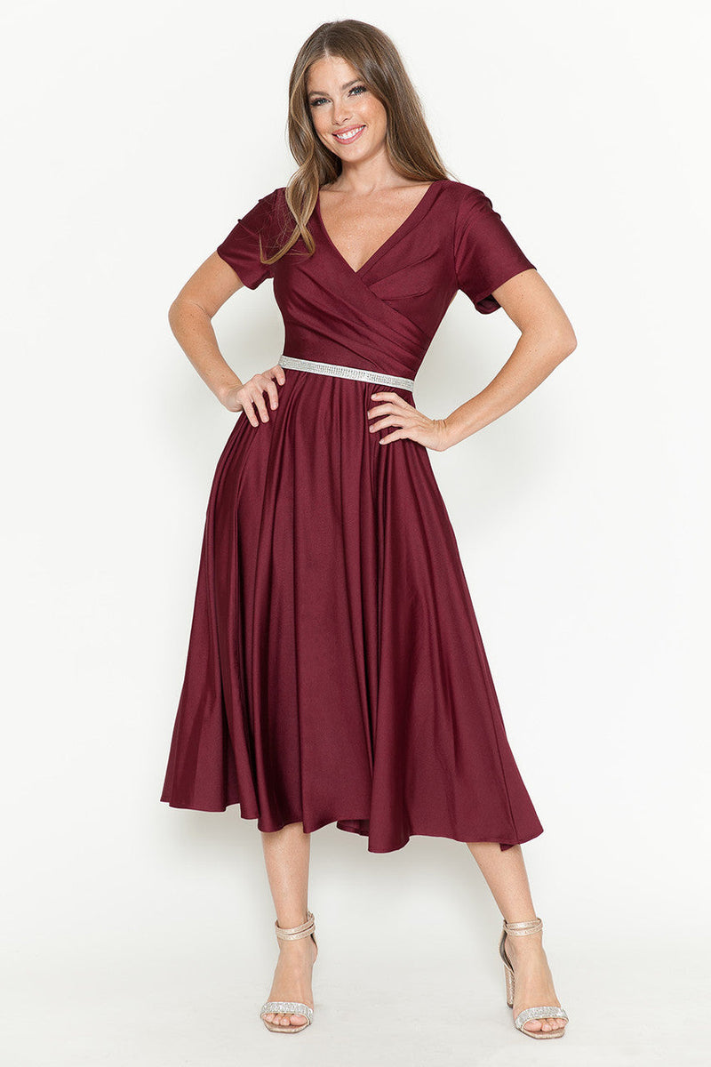 Lenovia 5274 V-Neck Short Sleeve Midi Cocktail Dress with Rhinestone Waist Formal & Wedding Guest Attire