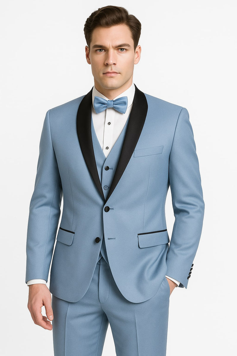 Dusty Blue Suit – Shawl Collar Vested 3-Piece Men’s Suit, Slim Fit Jacket, Pants & Vest