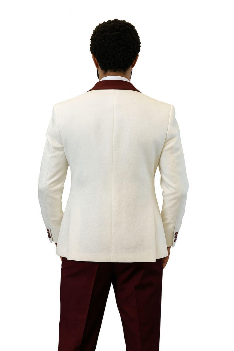 White tuxedo jacket with subtle paisley, burgundy peak lapel. Paired with matching burgundy wool pants. Formal and stylish.