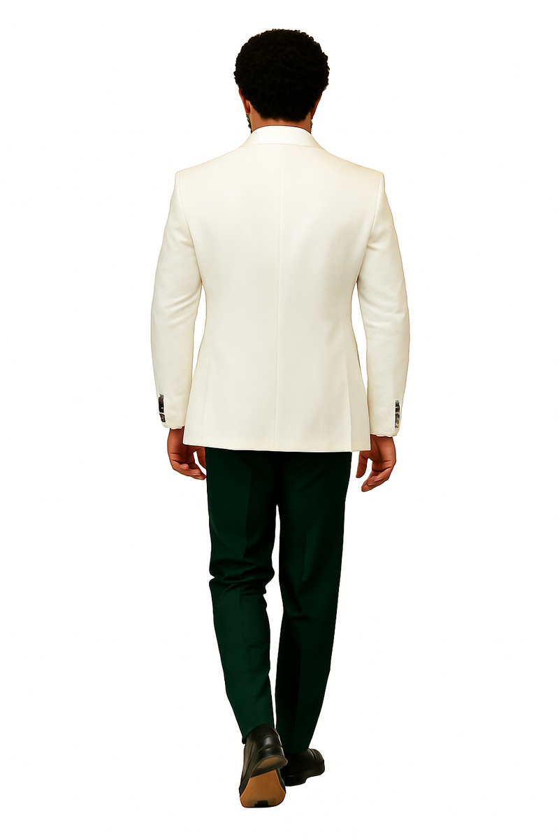 White & black paisley tuxedo jacket with peak lapel, matching wool pants, shawl vest, & bow tie.