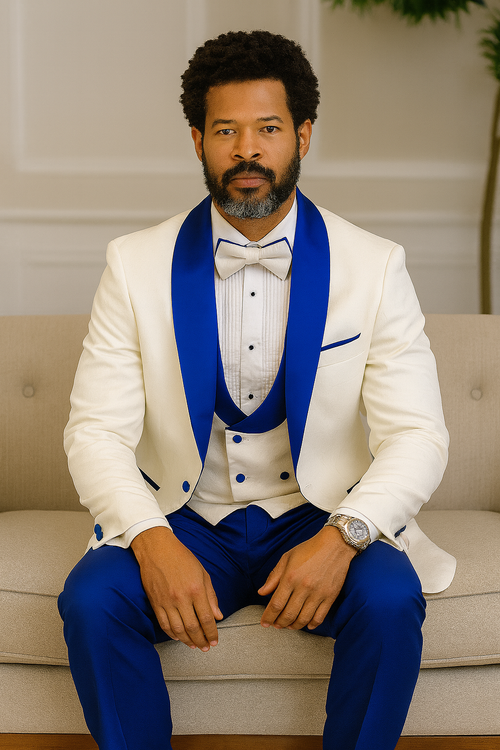 Hilton tuxedo: white & royal blue paisley peak lapel jacket, shawl vest, matching royal blue wool pants, & bow tie. Structured, formal look.