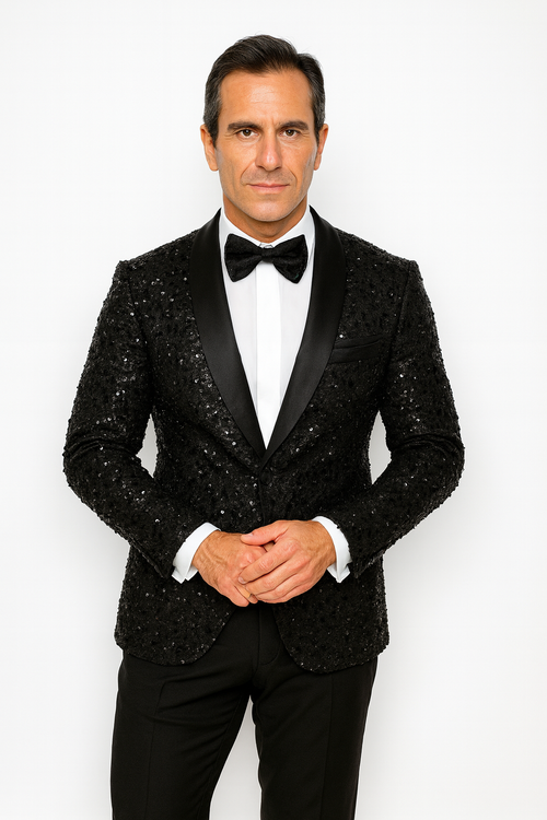 Men's Sharkskin Flashy Stage Shiny Sequin Paisley Blazer Dinner Jacket 1 Button Black Sport Coat Jacket