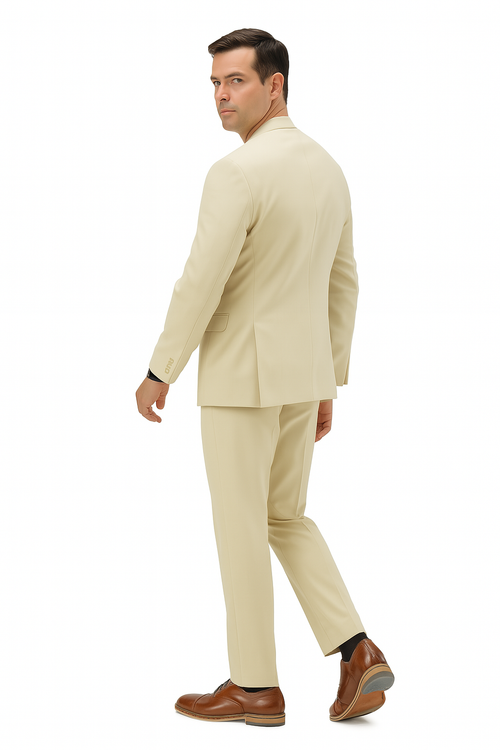 Men's light beige linen suit. Relaxed hybrid fit, no collar. Tailored trousers, fitted jacket with button closure and single back vent. Textured linen fabric, flat-front pants, side pockets.