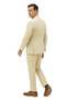 Men's light beige linen suit. Relaxed hybrid fit, no collar. Tailored trousers, fitted jacket with button closure and single back vent. Textured linen fabric, flat-front pants, side pockets.
