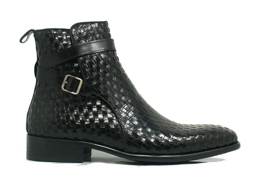 Basket Weave Leather Buckle Ankle Boots for Men