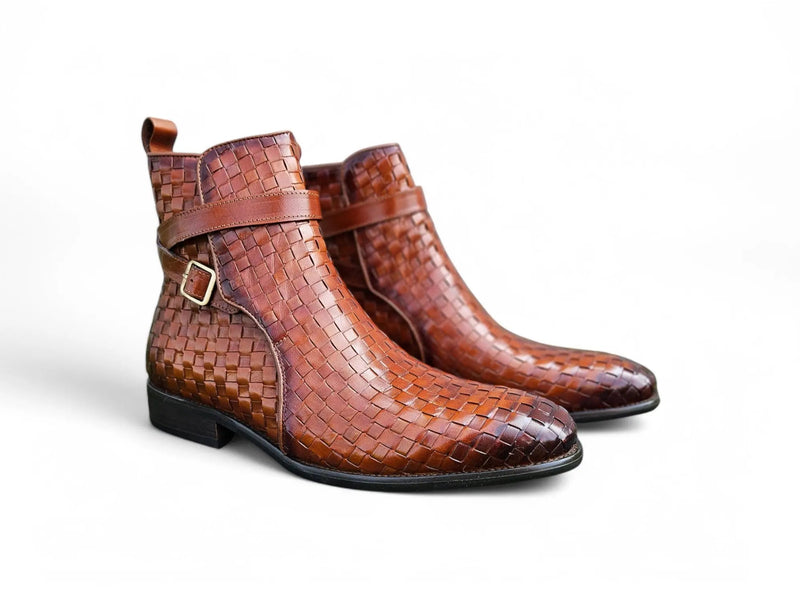 Carrucci Basket Weave Calfskin Buckle Boot - Luxury Brown Leather