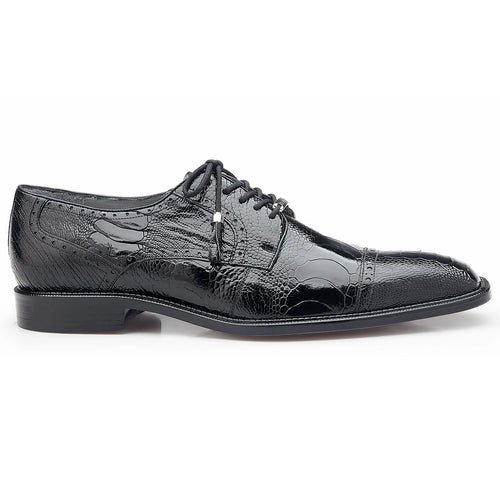 Black ostrich leather men's Belvedere Batta dress shoe. Sleek, pointed toe, cap toe design. Shiny finish with lace-up closure and leather sole for durability.