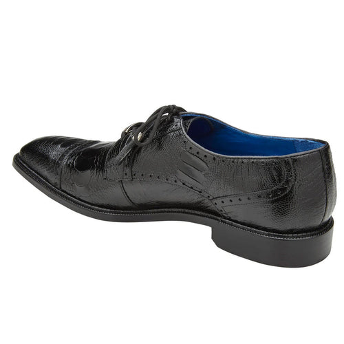 Men's Belvedere Batta black ostrich dress shoe. Pointed toe, glossy black leather upper, blue lining. Lace-up with metallic eyelets, decorative stitching. Solid black sole with slight heel.
