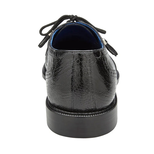 Black Belvedere Batta ostrich dress shoe with rounded cap toe. Features textured leather upper, black laces, and a contrasting blue lining. Solid black leather sole provides structure.