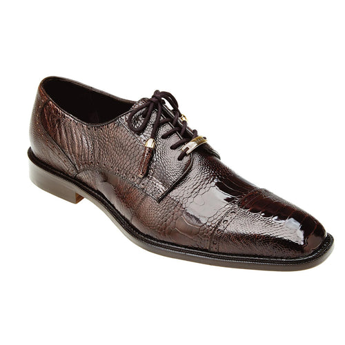 Brown ostrich leather Batta dress shoe by Belvedere. Features a cap toe, polished finish, and textured pattern. Includes dark laces, gold eyelets, and a slightly stacked sole for a formal, tailored look.