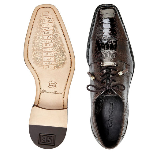 Brown Belvedere Batta ostrich leather dress shoe. Sleek, pointed-toe design with a textured upper and lace-up closure. Features a leather sole with a tread pattern and black heel cap.