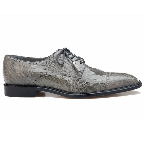 Grey ostrich leather cap-toe dress shoe with lace-up front. Features pointed toe and contrasting textures. Sleek design with subtle pattern. Black low-profile sole.