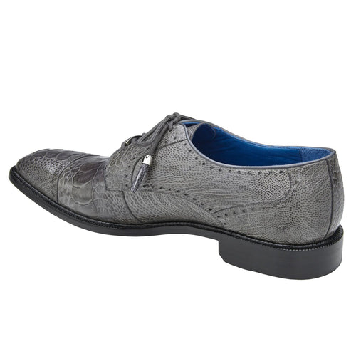Men's Belvedere Batta ostrich dress shoe. Grey, textured exterior. Pointed toe, perforated sides, and laces. Blue lining. Black sole.