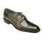 Men's Belvedere Batta olive green ostrich dress shoe. Sleek, pointed-toe design with a glossy, dark green finish. Features textured scale patterns, contrasting laces, and a black sole. Lace-up closure.