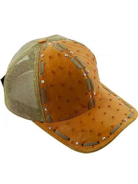 Orange ostrich leather front baseball cap. Tan mesh back, structured peak, decorative stitching, and metal studs.