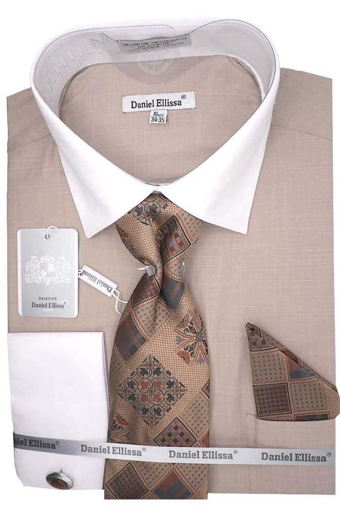 Beige Dress Shirt Set with Tie and Handkerchief | Alberto Nardoni Beige Dress Shirt Set with Tie and Handkerchief | Alberto Nardoni