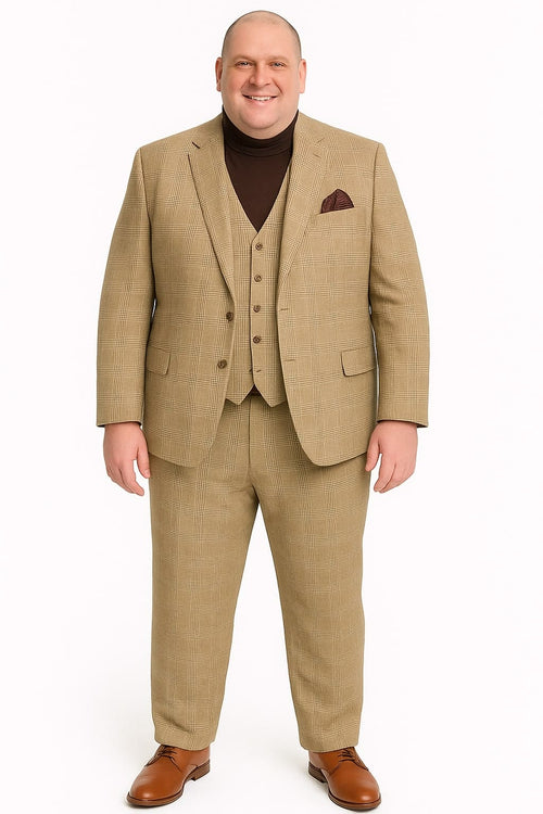Men's beige plaid 3-piece suit. Structured jacket with notched lapel, buttoned vest, and straight-leg trousers. Tailored fit with decorative pockets. Plaid pattern in beige tones.