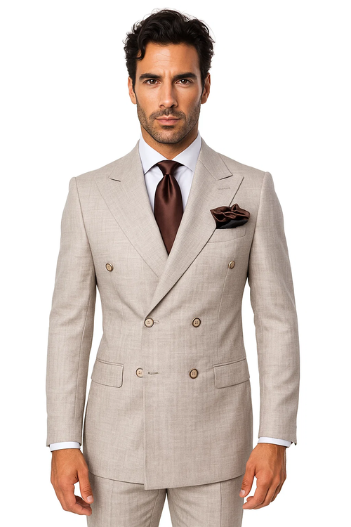 Light brown double-breasted suit with sharp lapels and two front pockets. Worn with a light blue shirt and dark brown tie. Classic fit.