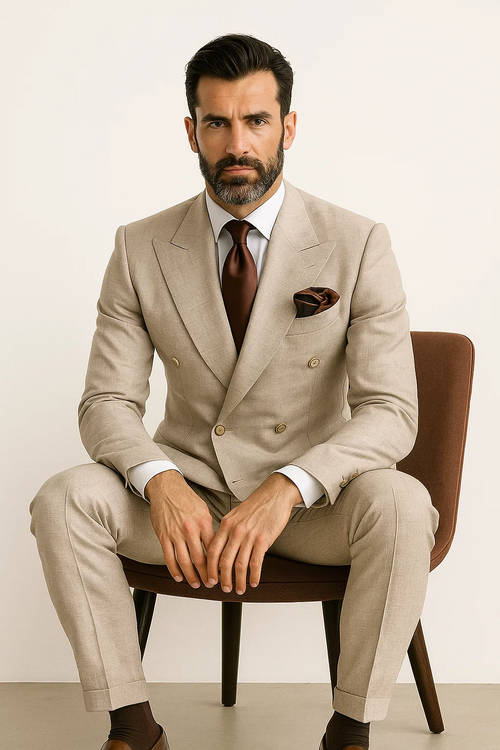 Light brown classic-fit suit with double-breasted jacket and tailored pants. 100% wool. Pants: baggy, pleated, wide legs. Light brown color for a cohesive look and smooth texture.
