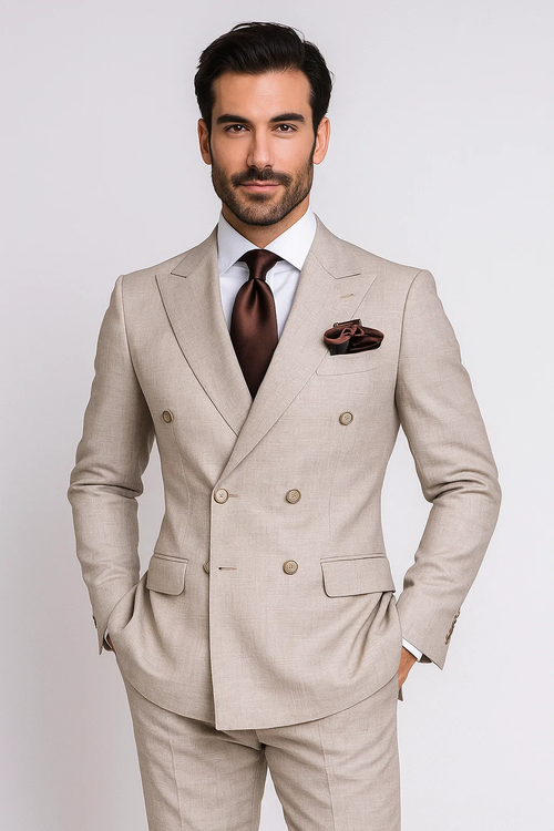 Light brown, double-breasted 100% wool suit. Classic fit jacket, wide-legged pleated pants. Includes white shirt and dark brown tie.