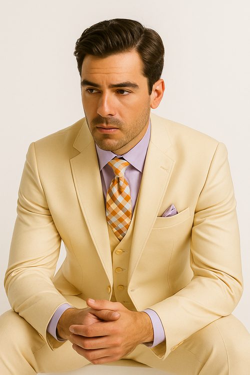 Slim Fit 3 Piece Satin Suit in Champagne Beige