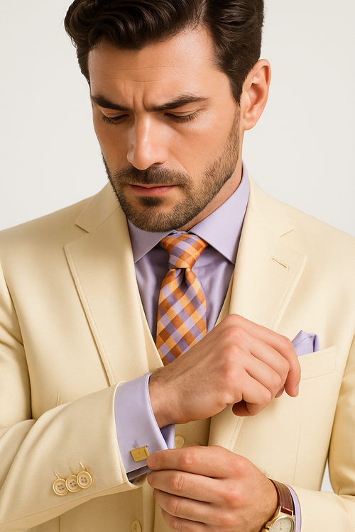 Slim Fit 3 Piece Satin Suit in Champagne Beige