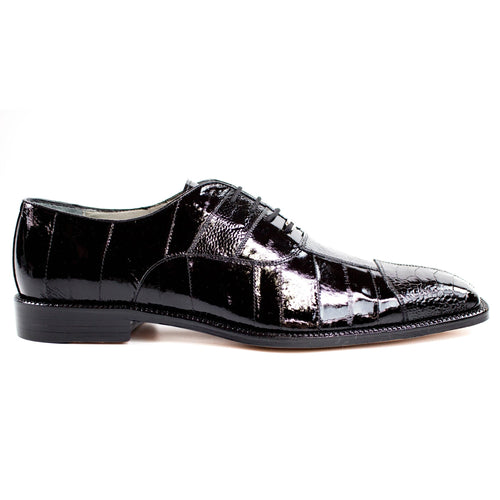Men's Belvedere Mare dress shoe: black eel and ostrich leather. Cap toe, lace-up closure. Distinct patterns. Black sole with heel. Sleek silhouette, polished finish.