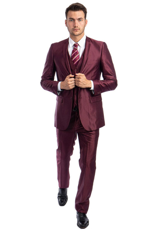 "Burgundy Men's Sharkskin Wedding & Prom 2025 Suit - Two Button Vested Style"