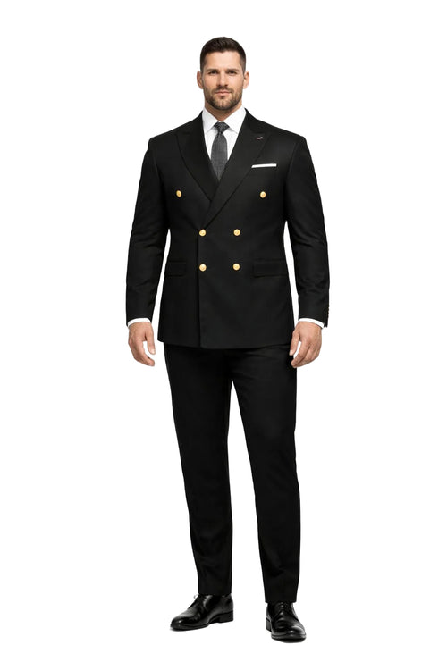 Men's Designer Modern Fit Double Breasted Wool Suit with Gold Buttons in Black