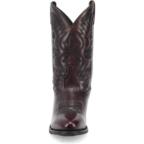 Laredo Birchwood men's boots: black cherry leather, round toe, tall shaft with V-cut top, black stitching, sturdy black rubber sole.