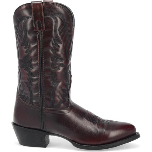 Laredo Birchwood boots: Round toe, tall shaft, intricate stitching, slight heel. Black cherry leather upper.