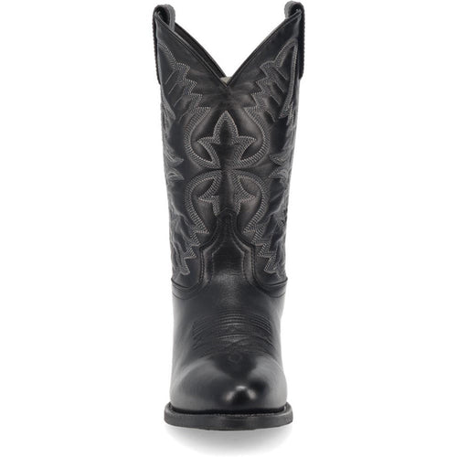 Black leather Laredo Birchwood boots with a round toe, tall shaft, and pointed upper. Feature contrasting stitching, glossy finish, and a low stacked heel.