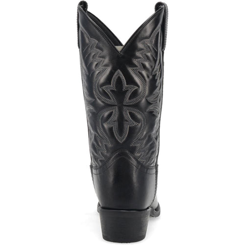 Laredo Birchwood men's black leather boots with round toe. Tall, matte finish with contrast stitching and Western-style back pattern. Features a pointed shaft and slight heel.