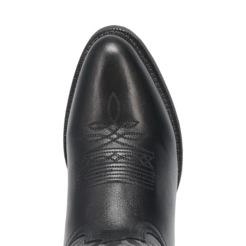 Men's Laredo Birchwood boots: Black leather, round toe. Smooth upper with decorative stitching for design and shape. Sleek silhouette.