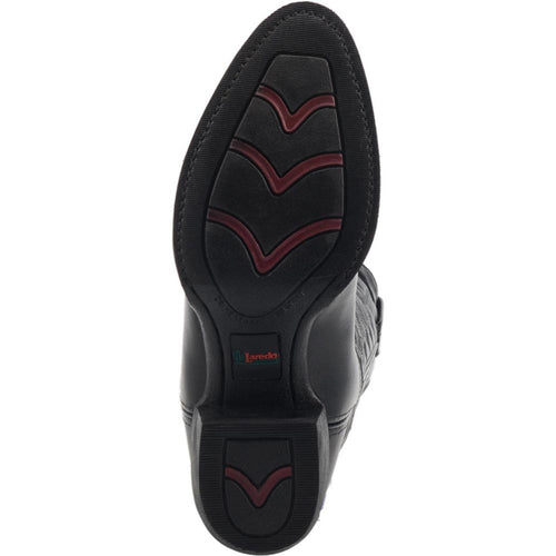 Laredo Birchwood black leather boots. Round toe, smooth black leather upper with structured stitching. Rubber sole with unique tread and red accents.