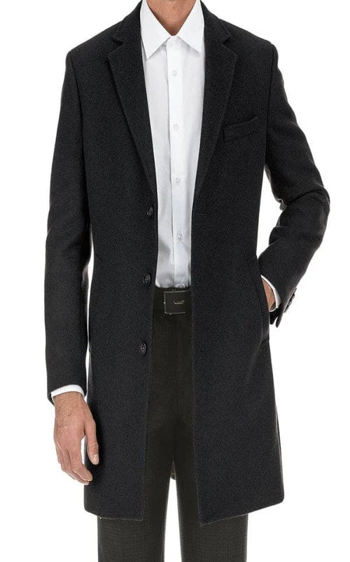 Mens Black Overcoat -Black Fall-Winter Essential Slim Fit Overcoat Wool Blend