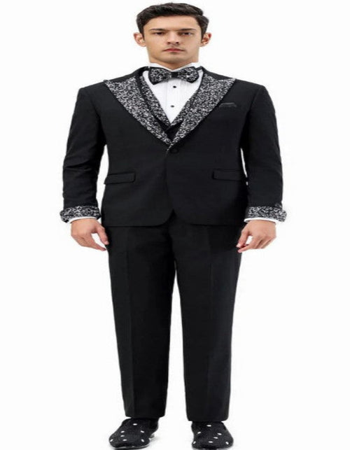 Black Prom Tuxedo - Perfect Wedding Suit Vested Rhinestone Lapelled
