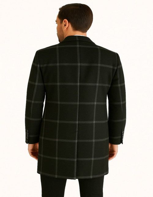 Mens Black Windowpane Wool Overcoat – Big Plaid Pattern Classic Checkered CarCoat