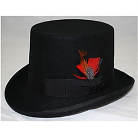 Classic black wool felt top hat for men. Cylindrical crown, wide brim, and black ribbon band. Includes a stylish multicolored feather accent.