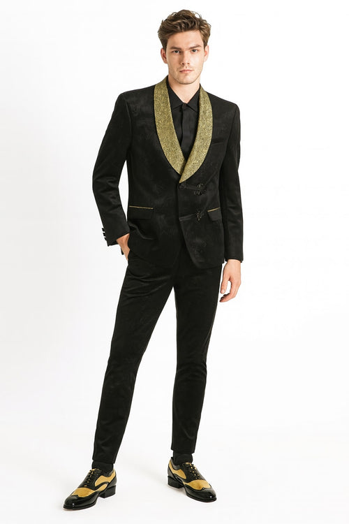 Black & gold jacquard tuxedo blazer with shawl collar. Textured fabric, subtle pattern, two buttons, and a tailored fit. Luxurious and elegant.