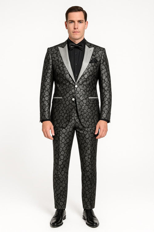 Black and Silver Floral Tuxedo Suit for Men – Luxury Two-Piece Formal Suit with Satin Lapel and Bow Tie