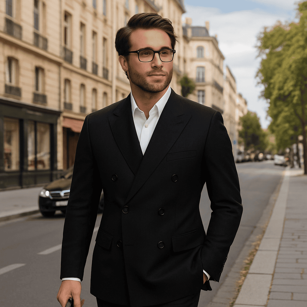 Wool Suit - Italian Made Business Suit by Statement Men's 100% Wool 2 Piece Double Breasted Suit - Subtle Windowpane