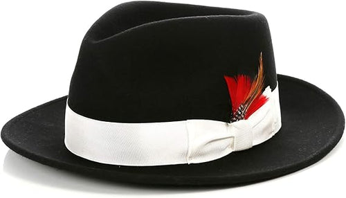 Gangster 100% Australian Wool Crushable Mens Fedora Hat - Removable Feather Gangster Black/White Mens Fedora Hat